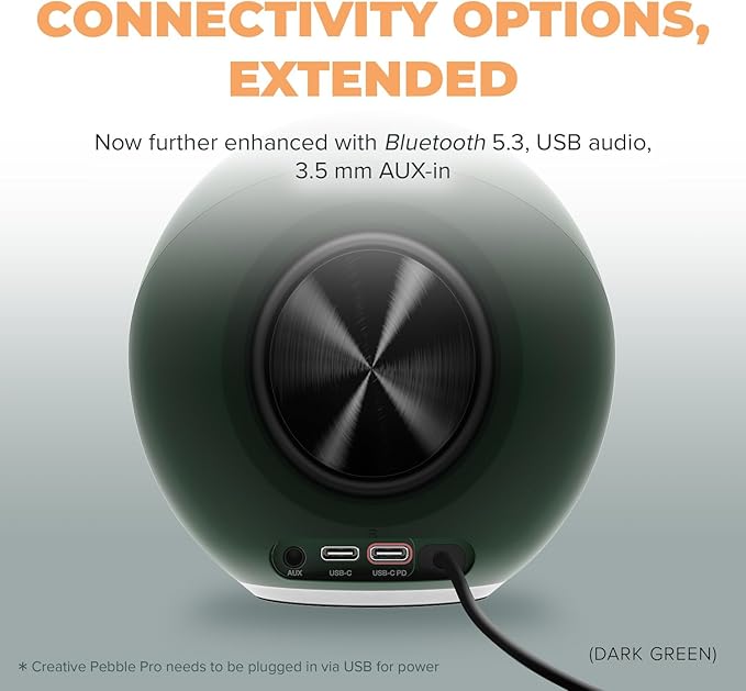 Creative Pebble Pro Minimalist 2.0 USB-C Computer Speakers with Bluetooth 5.3 and Customizable RGB Lighting, Clear Dialog and BassFlex Tech, USB Audio, Headset Port, for PC and Mac (White)