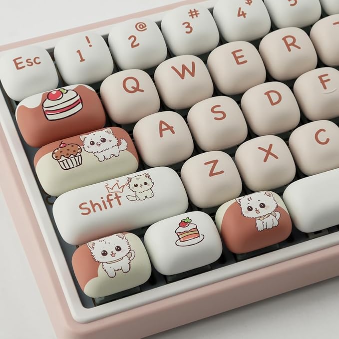 PBT Keycaps 147 Keys MOG Profile Keycap, Pink Dessert Cat Keycaps Dye-Sublimation Cute Custom Keycap for Cherry Gateron MX Swithes Mechanical Keyboards