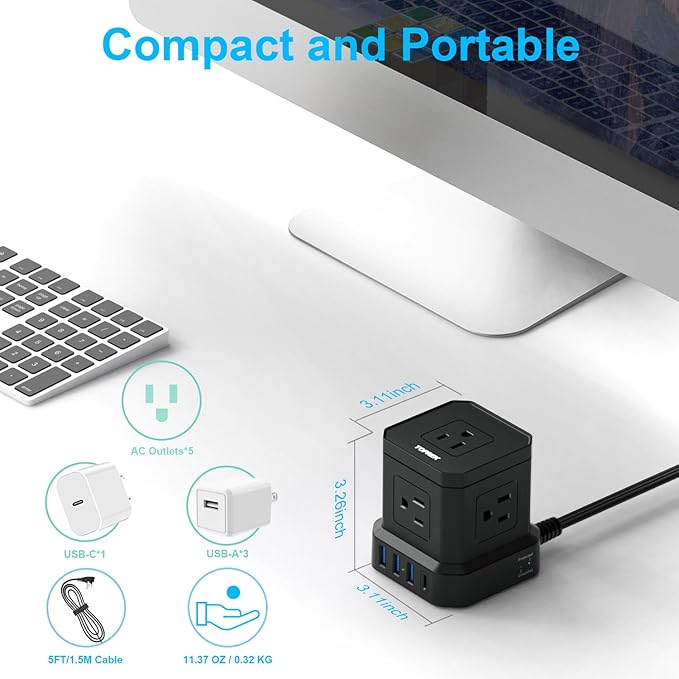 TOPREK Power Strip with USB, USB C (3.0A) Power Strip with 5 Outlets, 1 USB-C & 3 USB-A, 5 FT Flat Extension Cord with Ultra Thin Flat Plug, Surge Protector Compact for Home Office, Dorm, Hotel Travel