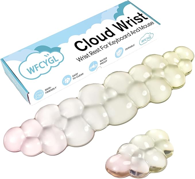 Cloud Keyboard and Mouse Wrist Rest Set Gel Keyboard Wrist Rest for Computer Transparent Ergonomic Mouse Wrist Pad Silicone Non-Slip Cute Clear Wrist Pad Support for Gaming Typing 68%/75% Yellow Pink