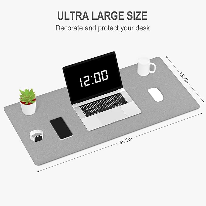 Auhoahsil Felt Desk Mat, Minimalist Large Mouse Pad XXL 35.5 x 15.7 in, Desk Matt for Desktop, Keyboard, Laptop, Computer, Office, Work from Home, Gaming, Light Gray