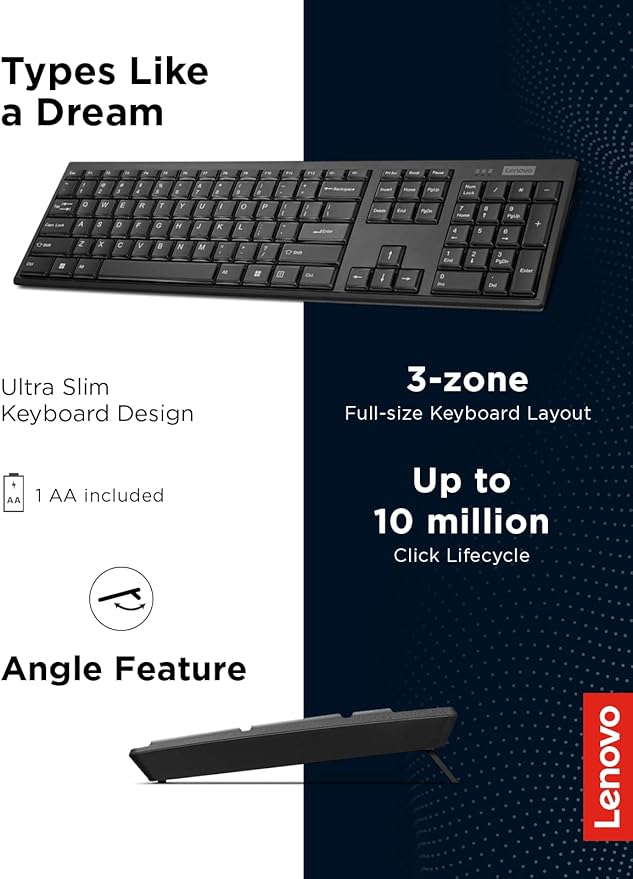 Lenovo 100 Wireless Compact Keyboard – Cordless Keyboard for PC & Laptop with Windows – Silent Keys – Full-Size Layout with Numeric Keypad – Plug & Play USB Receiver – Portable, Black