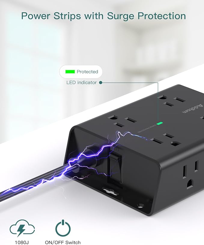 10FT Flat Plug Extension Cord with Multiple Outlets, Surge Protector Power Strip 10 ft Cord, 8 Outlets 4 USB Ports (2 USB C), Multi Outlet Wall Plug for Home Office College Dorm Room Essentials, Black