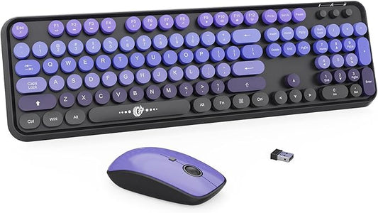 Wireless Keyboard and Mouse Combo - Cute Colorful Keyboard and Mouse, Retro Typewriter Keyboard with 2.4GHz Plug & Play, for Windows 11/10/7, Laptop, PC (V2020-Purple)