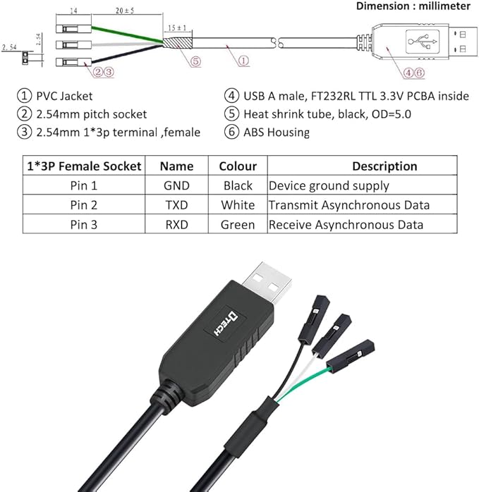 DTECH 6ft USB to TTL Serial Cable 3.3V 3 Pin TX RX Signal UART Adapter Genuine FTDI FT232RL Chip Debug Cord Compatible with Windows 11 10 8 7 Linux MAC OS 3Pin 3v3 2.54mm Dupont Female Header