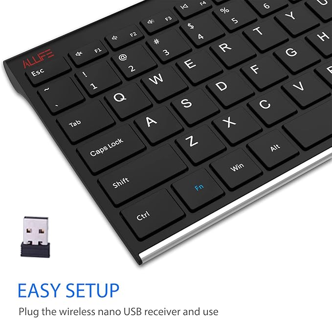 ALLIFE 2.4G Wireless Keyboard Stainless Steel Ultra Slim Full Size Keyboard with Numeric Keypad for Computer/Desktop/PC/Laptop/Surface/Smart TV and Windows 10/8/ 7 Built in Rechargeable Battery