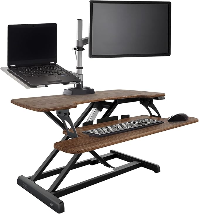 Vari VariDesk Pro Plus 36 - Electric Standing Desk Converter -11 Height Settings + Spring-Loader Lift, 2 Tier Design with Keyboard Tray or Laptop Stand – Fully Assembled (Walnut)