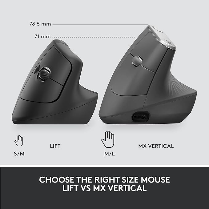 Logitech Lift for Business, Vertical Ergonomic Mouse, Wireless, Bluetooth or Secured Logi Bolt USB, Quiet clicks, Globally Certified, Windows/Mac/Chrome/Linux - Graphite