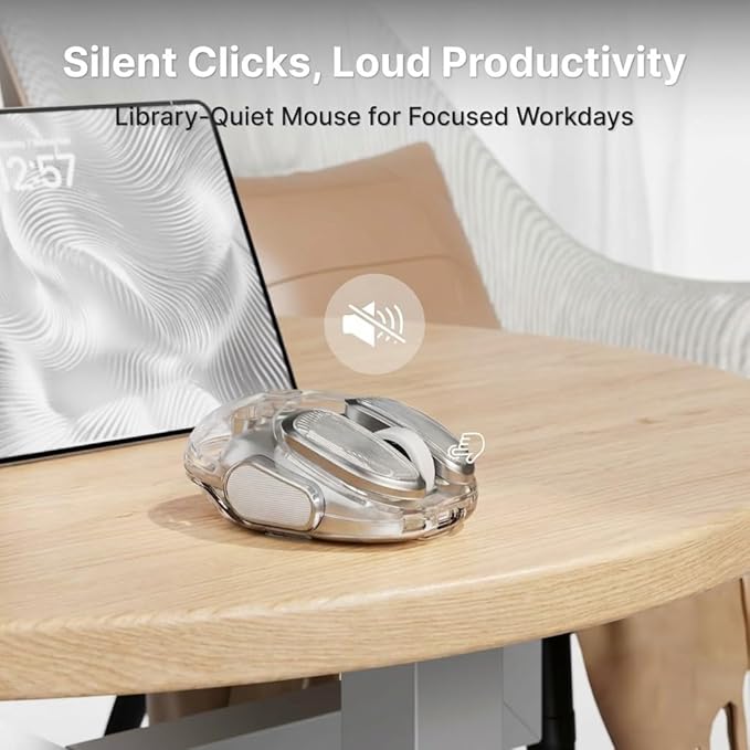 EWEADN Q9 Wireless Clear Mouse Dual Mode Bluetooth & 2.4G USB Computer Mouse with RGB Lighting, Silent Clicks, Multi-Device Compatibility for Laptop, PC, MacBook, iPad Cute Mouse-Sliver