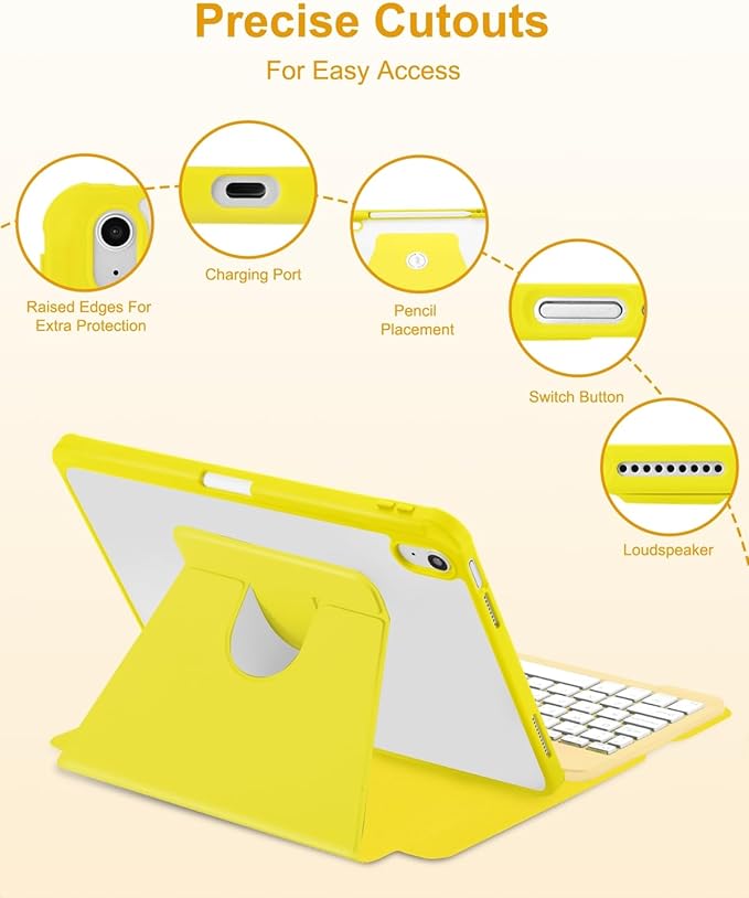 Case with Keyboard Mouse for iPad A16 11th 10th Generation 11/10.9 inch,Rainbow Backlit Detachable Keypad Rotatable Magnetic Cover with Pencil Holder for iPad 11 2025 10 Gen 2022 Yellow