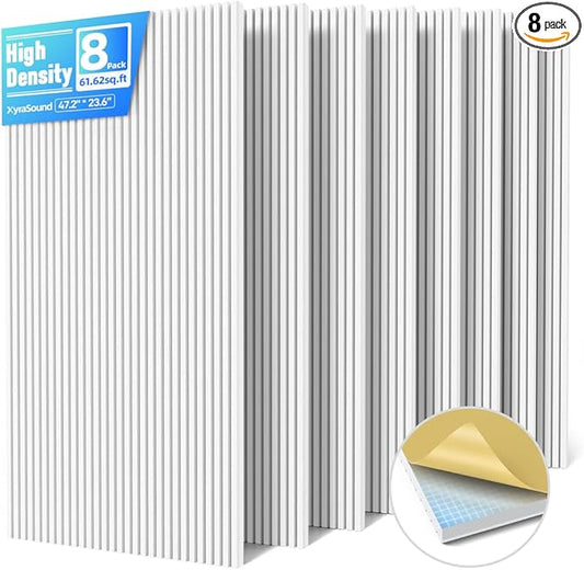 8 Pack Large Acoustic Panels Sound Absorbing with Self-Adhesive, 47.2”*23.6”*0.36” High Density Sound Proof Foam Panels for Walls, 3D Vertical Soundproof Wall Panels for Home Studio Office Decor-White