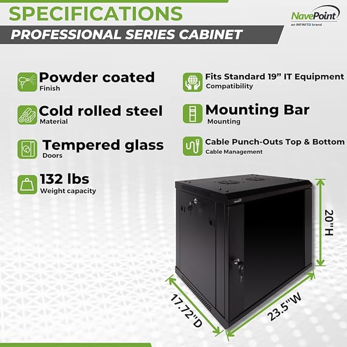 Navepoint 9U Deluxe IT Wallmount Cabinet Enclosure 19-Inch Server Network Rack with Locking Glass Door - Black