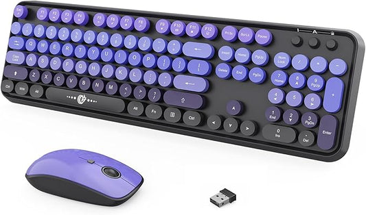 Wireless Keyboard and Mouse Combo, 104 Round Keys Cute Colorful Keyboard and Mouse with Retro Typewriter for PC Mac Laptop Tablet Computer Windows Black Purple