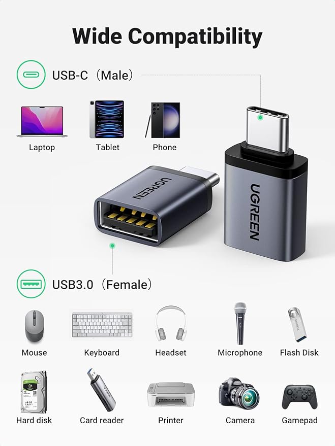 UGREEN USB C to USB A 3.2 10Gbps OTG Adapter 2 Pack Compatible with iPhone 17 Pro Max Air 16 15 MacBook Air iMac iPad Galaxy Tab S9 S25,Black