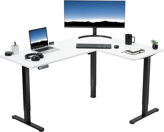 VIVO Corner Standing Desk, 63 x 47 inch Reversible L-Shaped Workstation, Electric Height Adjustment, Home, Office, and Reception Rooms, White Table Top Black Frame, DESK-E3CTBW-47
