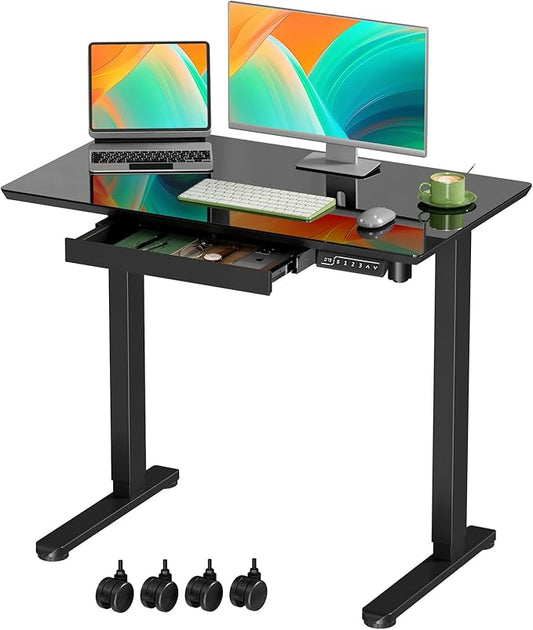 Glass Standing Desk with Drawer, Electric Sit Stand Desk with Wheels, 35×20Inch Whole Piece Height Adjustable Rising Table, Small Computer Workstation, Black