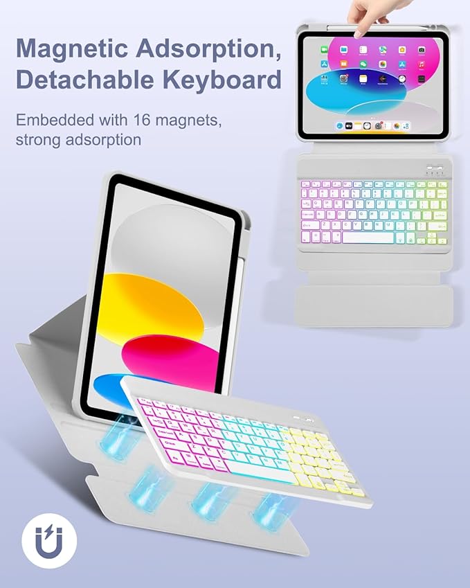 Case with Keyboard Mouse for iPad A16 11th 10th Generation 11/10.9 inch,Rainbow Backlit Detachable Keypad Rotatable Magnetic Cover with Pencil Holder for iPad 11 2025 10 Gen 2022 Gray