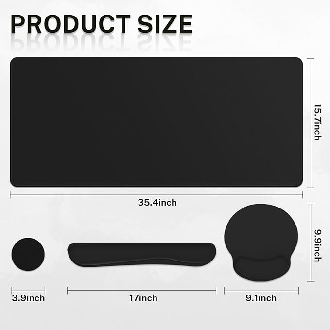 Britimes Black Keyboard Mouse Pad Set Black 4 in1 Large Mousepad+Keyboard Wrist Rest+Mouse Wrist Rest+Coaster Ergonomic Design for Home Office Computer 35.4x15.7Inches