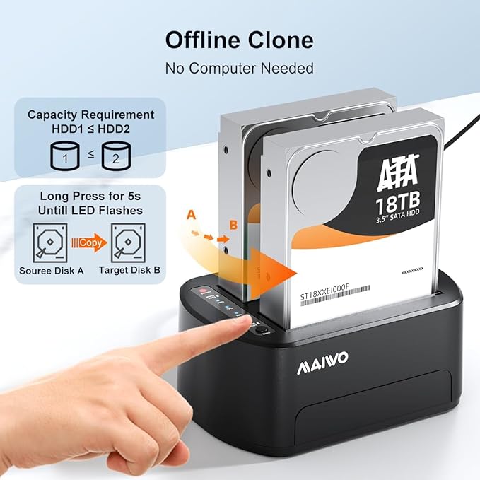 MAIWO External Hard Drive Docking Station with Offline Clone for 2.5/3.5" SATA HDD/SSD, 5Gbps with UASP, 48TB Capacity, Dual Bay USB 3.0 to SATA Adapter Duplicator