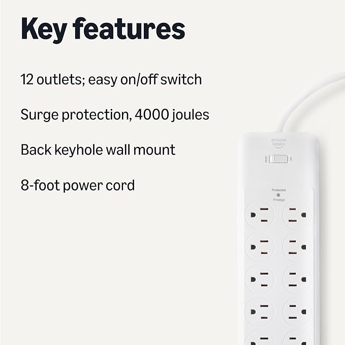 Amazon Basics 12-Outlet Surge Protector Power Strip, 4000 Joules, 8ft Extension Cord, Rectangle, for Home, Office, Gaming Room, White