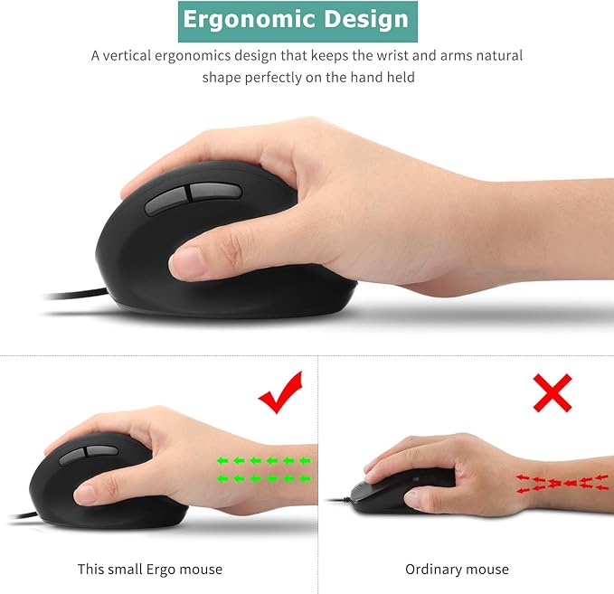 Wired Vertical Mouse, Ergonomic Optical USB Cord PC Gaming Mice 800-1200-1600 DPI Portable Silent Mause for Laptop Desktop Office Use (Black)