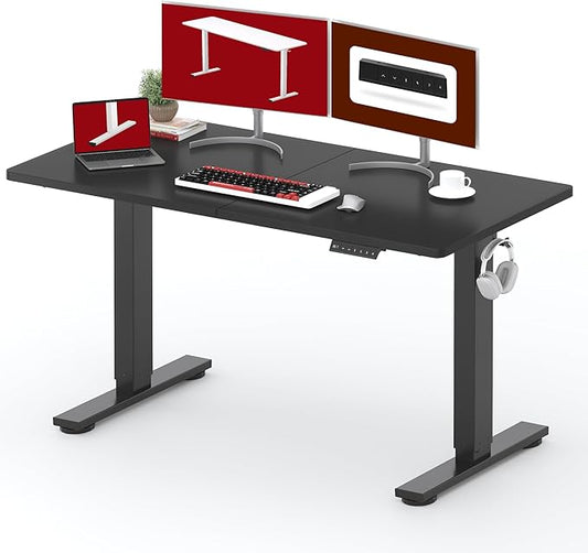 SANODESK Height Adjustable Electric Standing Desk 55x24 Inches, Sit Stand Desk with Splice Board for Home Office, Ergonomic Computer Workstation, Study & Gaming, Black Frame/Black Top