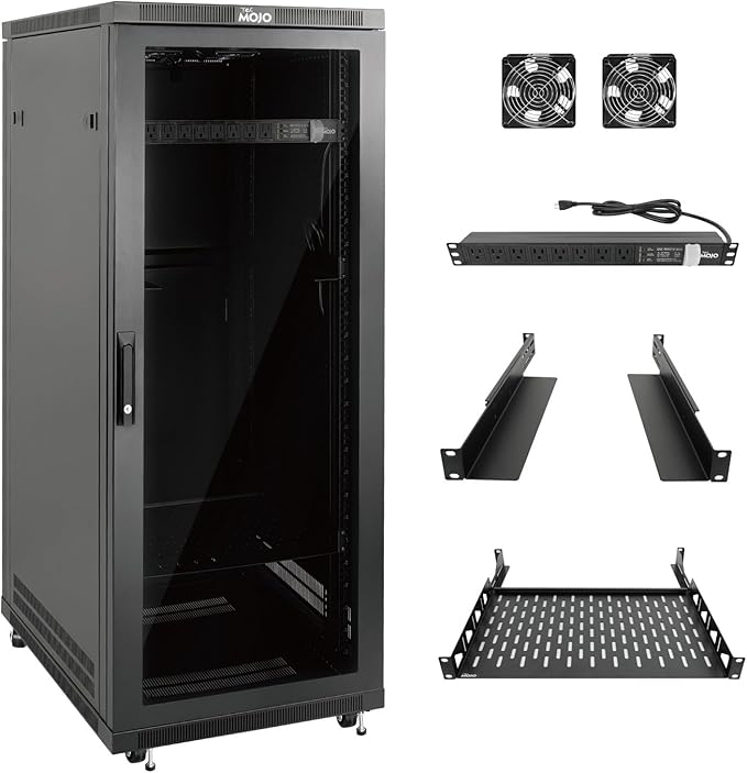 Tecmojo Network Rack Cabinet,27U Server Rack,23.6 Inch Depth,Hold Up to 1800Lbs,Lockable Cabinet with Casters and Complete Accessories,Clear Door,for Home,Office,Small Business (27U 23.6" w*23.6" d)