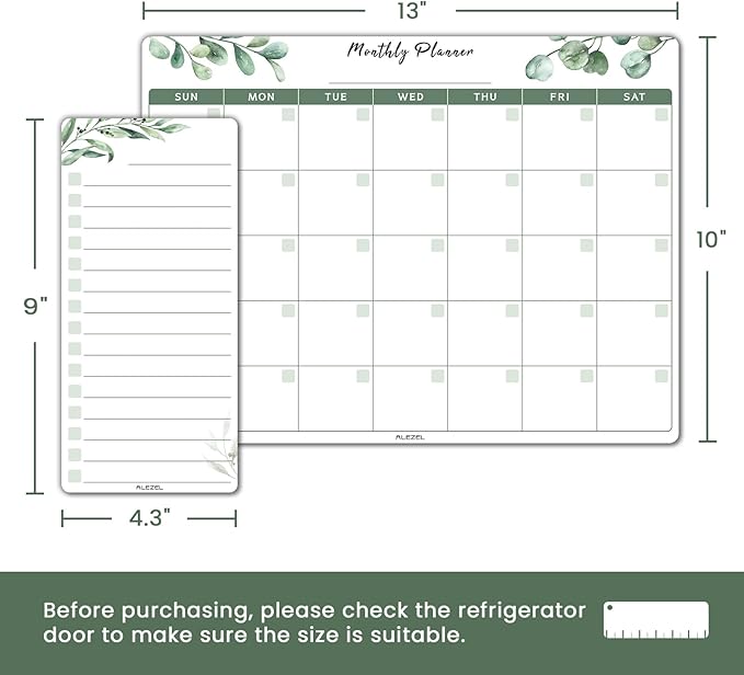 Magnetic Dry Erase Calendar for Fridge, Refrigerator Calendar Whiteboard Set - Magnetic Dry Erase Monthly Planner with 2 List Boards, 4 Markers + Eraser, Greenery