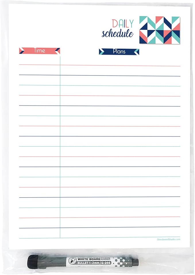 Dry Erase Daily Schedule Planner Sticker Decal by Glassboard Studio | Removable & Reusable | Magnetic Fine-Tip Marker Included (9 x 12 inches, Geometric)
