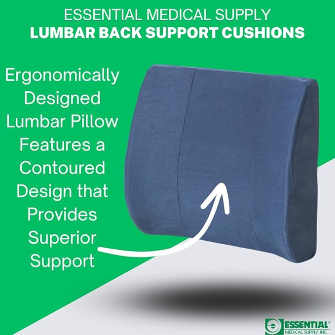 Essential Medical Supply Molded Lumbar Cushion in Navy with Elastic Positioning Strap - Perfect for Office or Car Chairs, Provides Lower Back Support and Comfort