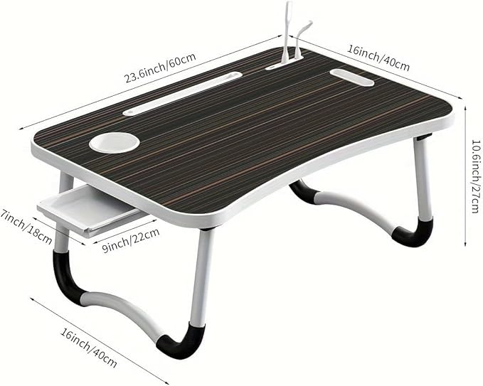Portable Foldable Laptop Bed Table with 3 Port USB, Storage Drawer and Cup Holder, Laptop Desk Stand Tray for Eating, Reading and Working (Black)