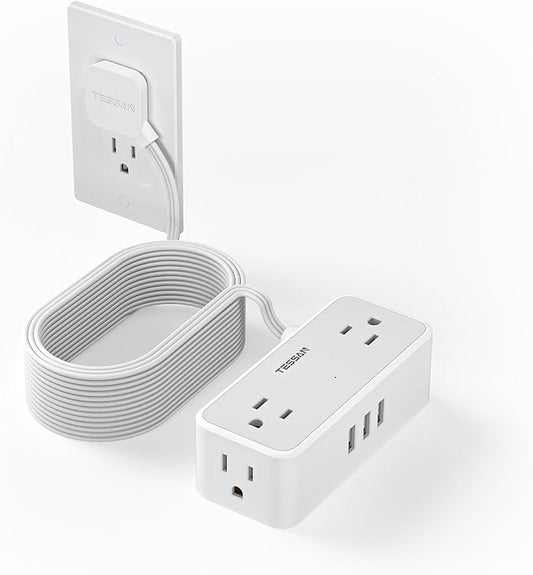Flat Plug Extension Cord 25 ft, TESSAN Surge Protector Power Strip with 4 AC Outlets 3 USB A Ports, 900 Joules Protection, Multiple Wall Outlet Extender for Home Office Dorm Essentials