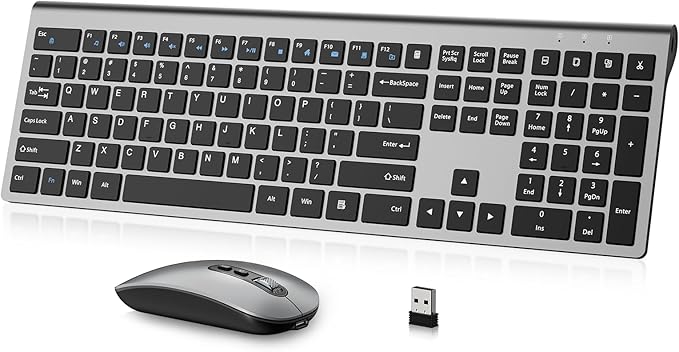 Rechargeable Wireless Keyboard and Mouse Combo, Full Size Silent Ergonomic Scissor Switch Keyboard and Optical Mouse Set, 2.4G Lag-Free Cordless Keyboard Mice for Computer,Mac,Laptop,PC,Windows-Grey