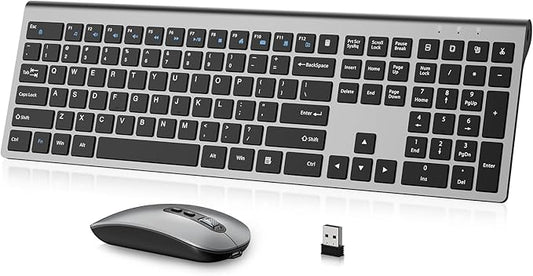 Rechargeable Wireless Keyboard and Mouse Combo, Full Size Silent Ergonomic Scissor Switch Keyboard and Optical Mouse Set, 2.4G Lag-Free Cordless Keyboard Mice for Computer,Mac,Laptop,PC,Windows-Grey