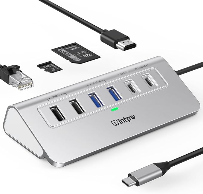 P9R USB C Hub Ethernet, 10-in-1 USB-C Docking Station, Aluminum USB to Ethernet Adapter with 4K HDMI, PD 100W, 1Gbps RJ45, Type-C & 2 A 3.0 5Gbps, 2 Type-A 2.0, SD/TF Slot for MacBook, iPad