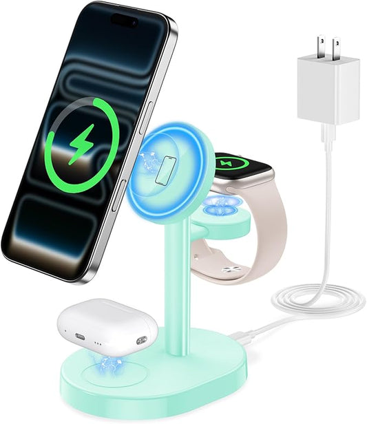 2026 3 in 1 Wireless Charging Station for Apple MagSafe Charger, 15W Fast Mag-Safe Charger Stand for iPhone 17 16 15 14 13 12 Apple Watch AirPods Compatible with MagSafe, Mint