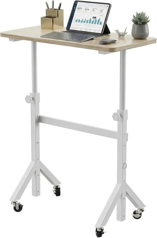 HUANUO 32'' Small Standing Desk with Wheels,28.7"-46.1" Heigh Adjustable Portable Rolling Desks,Mobile Stand Up Desk for Walking Pad and Treadmill,Sit Computer Workstation for Bedroom,Light Walnut