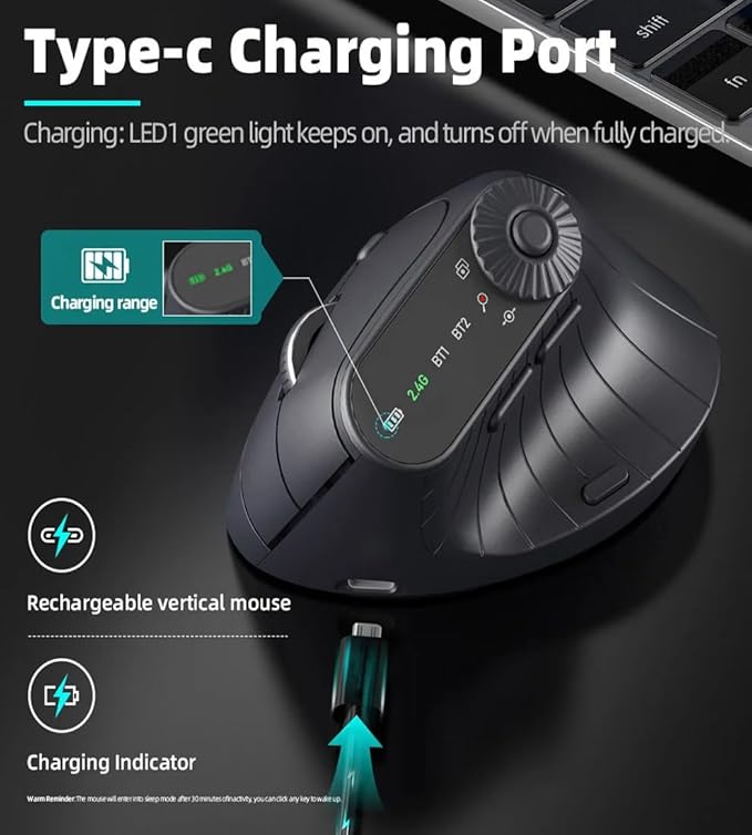 JOMAA Wireless 2.4G & Dual Bluetooth Three-Channel Ergonomic Vertical Mouse Adjustable DPI, Multi-Function Turntable for PC, Laptop, MacBook, Rechargeable (Black)