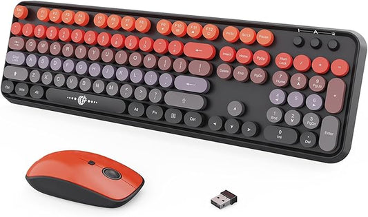 Wireless Keyboard and Mouse Combo, 104 Round Keys Cute Colorful Keyboard and Mouse with Retro Typewriter for PC Mac Laptop Tablet Computer Windows Black Red