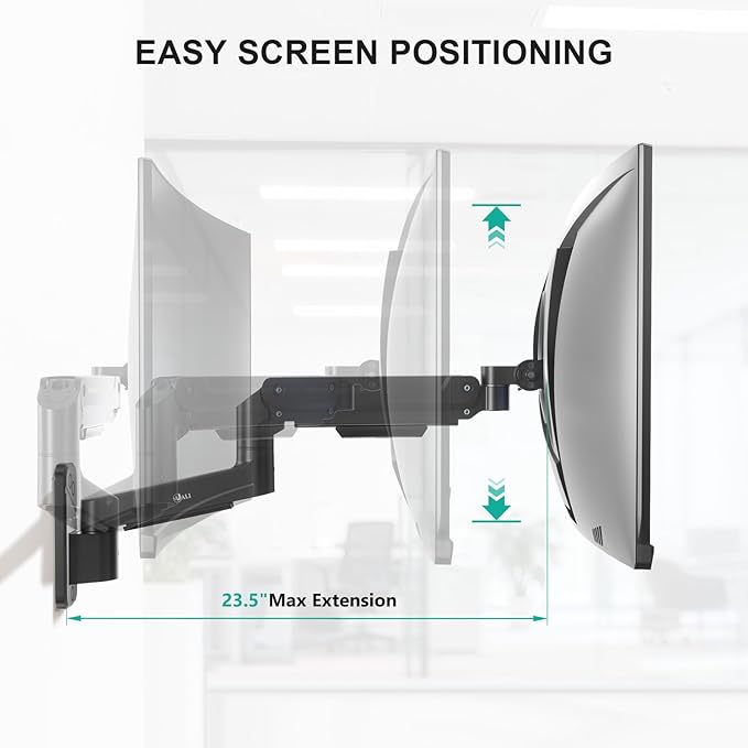 WALI Monitor Wall Mount for 13-49 Inch Ultrawide Screens, Heavy Duty Single Monitor Mount Holds up to 44 lbs, Adjustable Gas Spring Wall Mount Monitor Arm, 75/100mm VESA Mount (GSWM001-P), Black