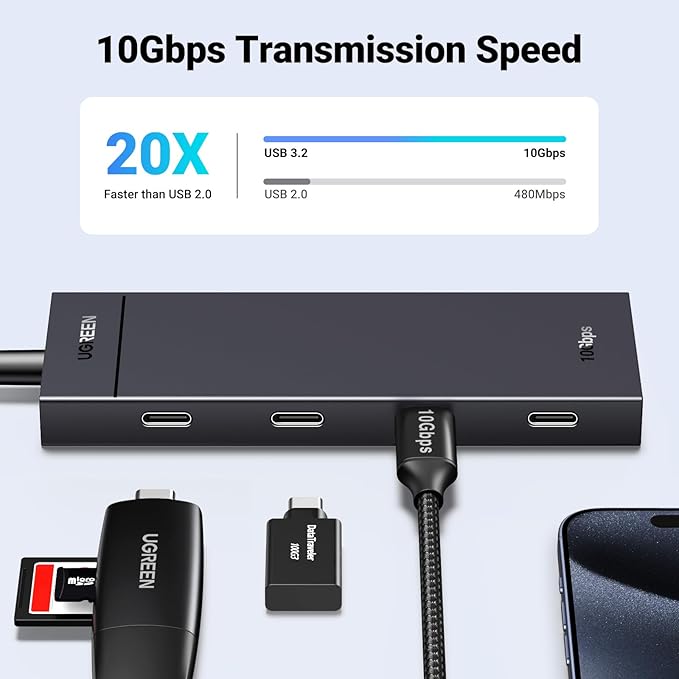 UGREEN USB-C Hub 4-Port 10Gbps Data Only USB 3.2 Hub Multiport Adapter Compatible with MacBook Pro, MacBook Air, iPad Pro, iPad mini 6 and iPhone 15, Plug and Play 0.3ft Cable