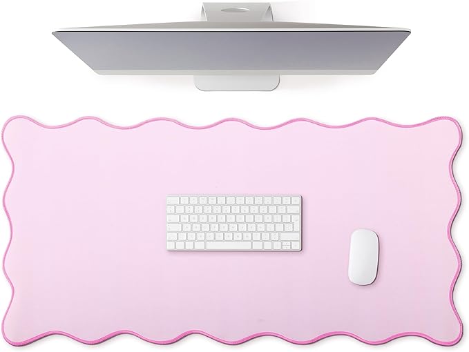 Scalloped Desk Mat Large Scalloped Piping Cute Desk Mat Aesthetic Preppy Table Pad Large Nonslip Pad with Edge Stitching Waterproof Gaming(Pink,36 x 17 Inches)