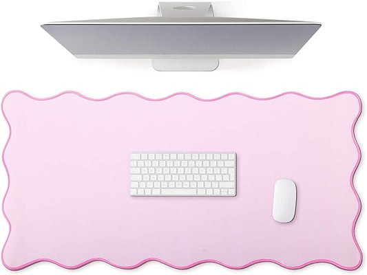 Scalloped Desk Mat Large Scalloped Piping Cute Desk Mat Aesthetic Preppy Table Pad Large Nonslip Pad with Edge Stitching Waterproof Gaming(Pink,36 x 17 Inches)