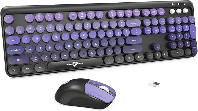 Wireless Keyboard and Mouse Combo - Cute Colorful Keyboard and Mouse, Retro Typewriter Keyboard with 2.4GHz Plug & Play, for Windows 11/10/7, Laptop, PC (Purple Wireless Keyboard and Mouse)