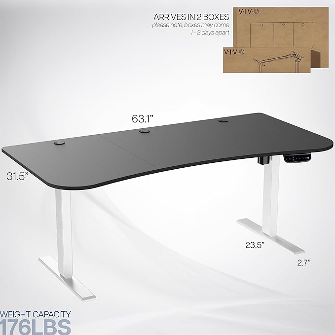 VIVO Electric 63 x 32 in Standing Desk, Memory Height Adjustment, 176 lb Frame Support, 2E Series, Black Top White Frame, DESK-KIT-2EWB