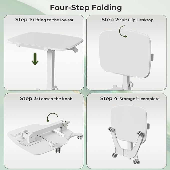 Foldable Mobile Standing Desk, 27"×21" Portable Rolling Laptop Cart with 90° Tiltable Board, Height Adjustable Workstation with Wheels, Folding Table for Home Office, White