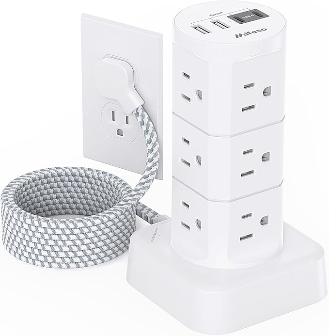 Surge Protector Power Strip Tower, 10FT Extension Cord with Multiple Outlets(12 AC Outlets), Surge Protector with USB Ports, Charging Station for Multiple Devices, Office Supplies, Dorm Essentials