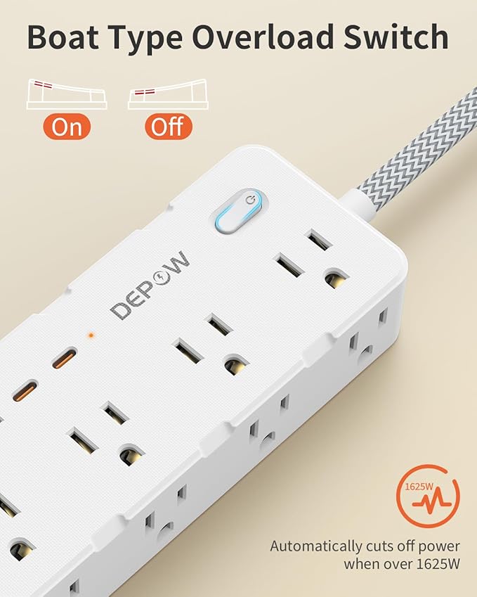 Power Strips with Surge Protection, 10 FT Braided Extension Cord with Multiple Outlets-8 AC Outlets 4 USB Ports (2 USB C), 1700 Joule Surge Protector with Flag Plug for Home Office, White