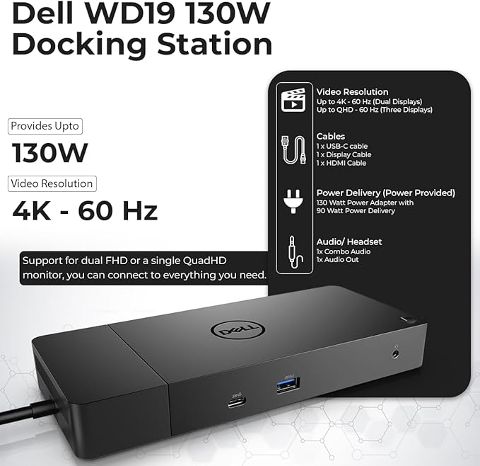 Dell WD19 130W Docking Station Bundle with 130W Power Adapter + HDMI Cable + DisplayPort Cable + USB-C Cable + Microfiber Cloth Included