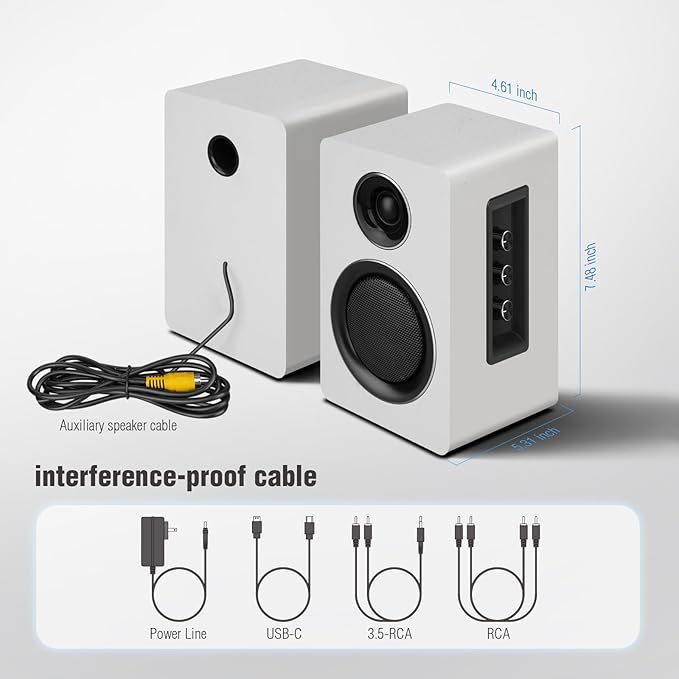 Computer Speakers for Desktop PC, Active Bookshelf Speaker with 3‘’ Carbon Fiber Woofer and Silk Film Tweeter ,Supports Bluetooth 5.3, USB-C, AUX/RCA Input for Record Player TV - White Stereo Set
